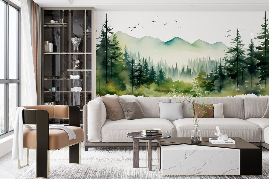 Aquarell von Wald und Bergen