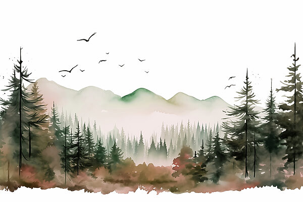 Aquarellmalerei eines Waldes und von Bergen Aquarellmalerei eines Waldes und von Bergen