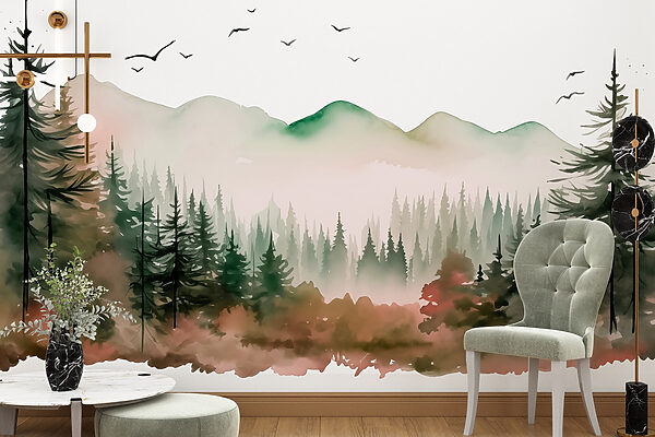 Aquarellmalerei eines Waldes und von Bergen Aquarellmalerei eines Waldes und von Bergen