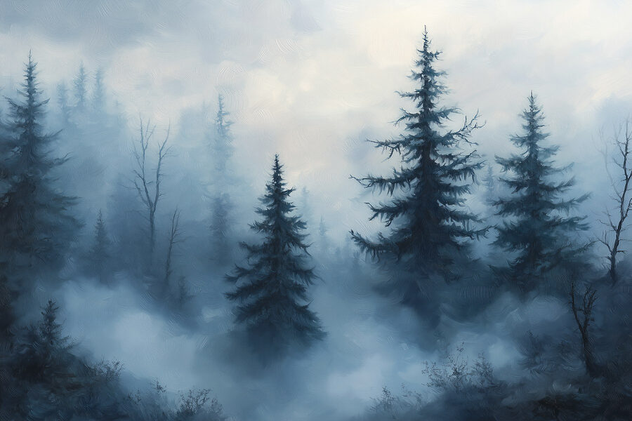 Nebliger Wald mit Bäumen
