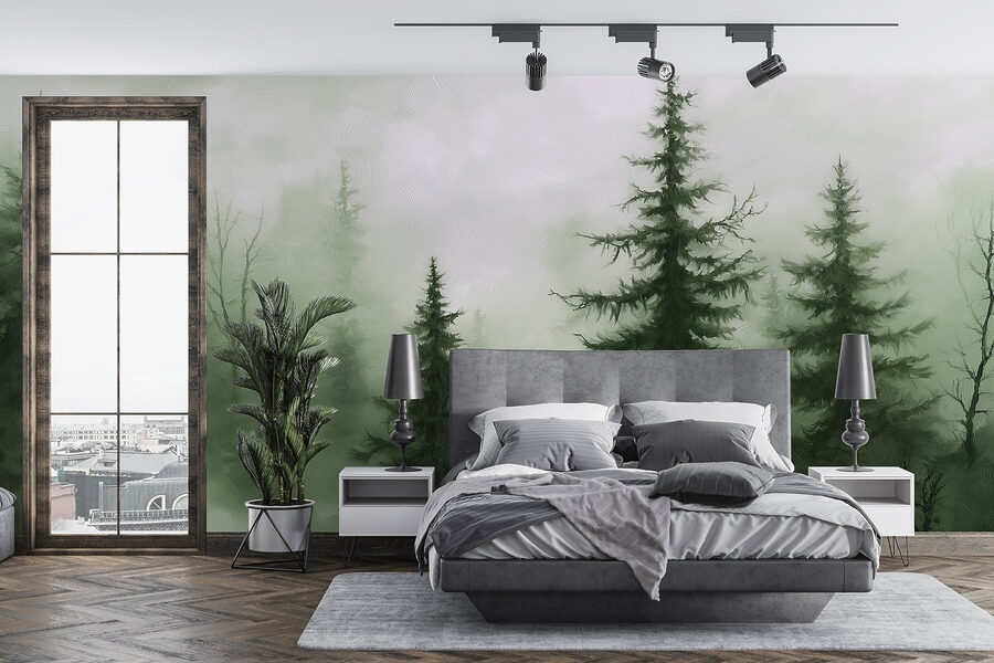 Nebliger Wald mit Bäumen