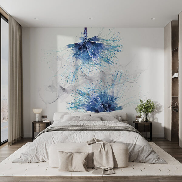 Blaue Blumen mit weißer Tinte in der Luft Blaue Blumen mit weißer Tinte in der Luft
