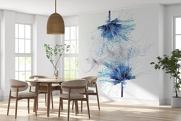 Blaue Blumen mit weißer Tinte in der Luft Blaue Blumen mit weißer Tinte in der Luft