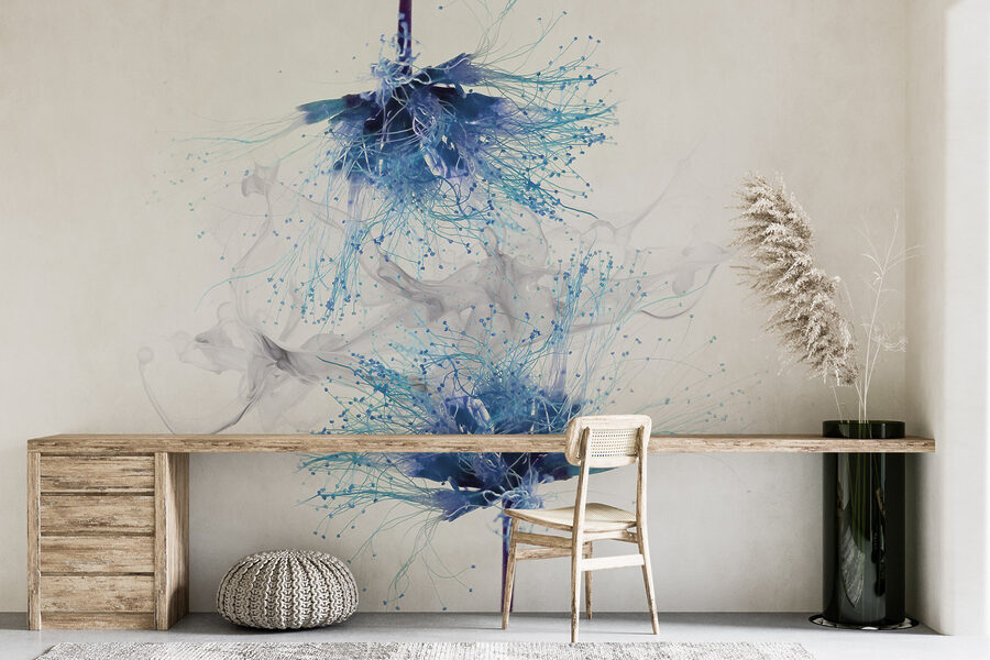 Blaue Blumen mit weißer Tinte in der Luft Blaue Blumen mit weißer Tinte in der Luft