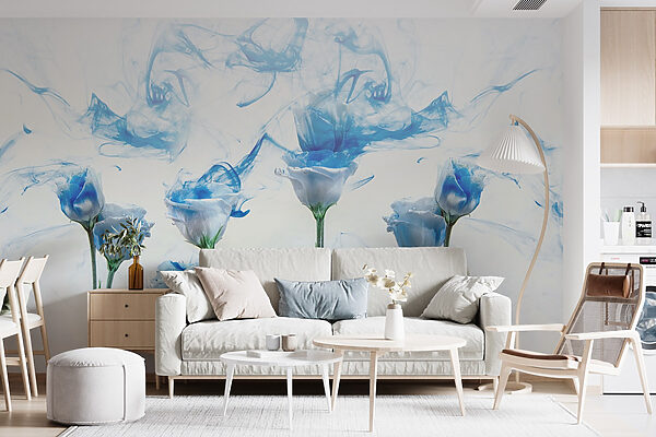 Gruppe von Blumen mit blauer Tinte im Wasser Gruppe von Blumen mit blauer Tinte im Wasser