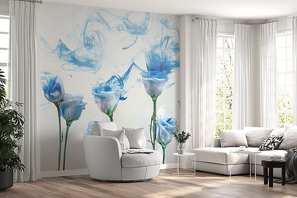 Gruppe von Blumen mit blauer Tinte im Wasser Gruppe von Blumen mit blauer Tinte im Wasser