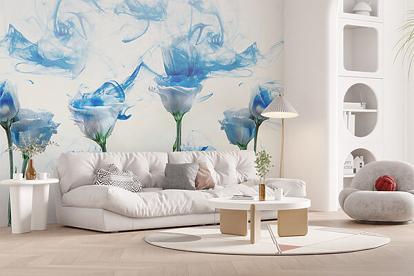 Gruppe von Blumen mit blauer Tinte im Wasser Gruppe von Blumen mit blauer Tinte im Wasser