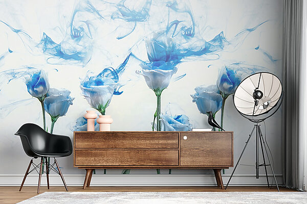 Gruppe von Blumen mit blauer Tinte im Wasser Gruppe von Blumen mit blauer Tinte im Wasser