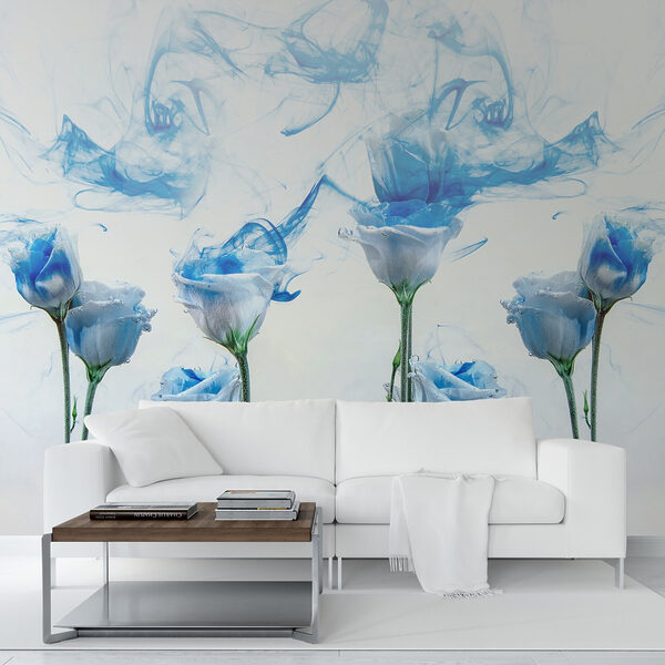 Gruppe von Blumen mit blauer Tinte im Wasser Gruppe von Blumen mit blauer Tinte im Wasser