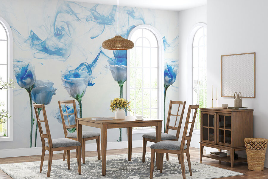 Gruppe von Blumen mit blauer Tinte im Wasser Gruppe von Blumen mit blauer Tinte im Wasser