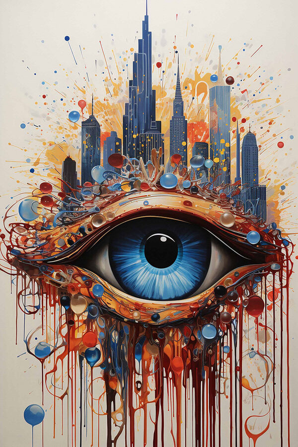Painting of a blue eye with a city behind it Painting of a blue eye with a city behind it