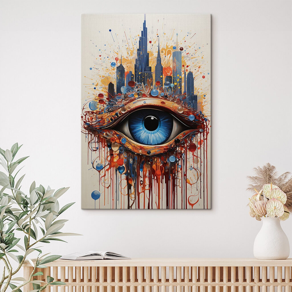 Painting of a blue eye with a city behind it