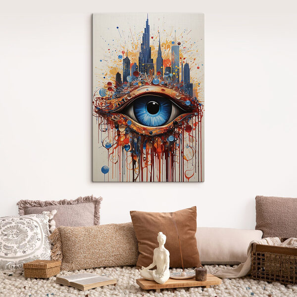Painting of a blue eye with a city behind it Painting of a blue eye with a city behind it