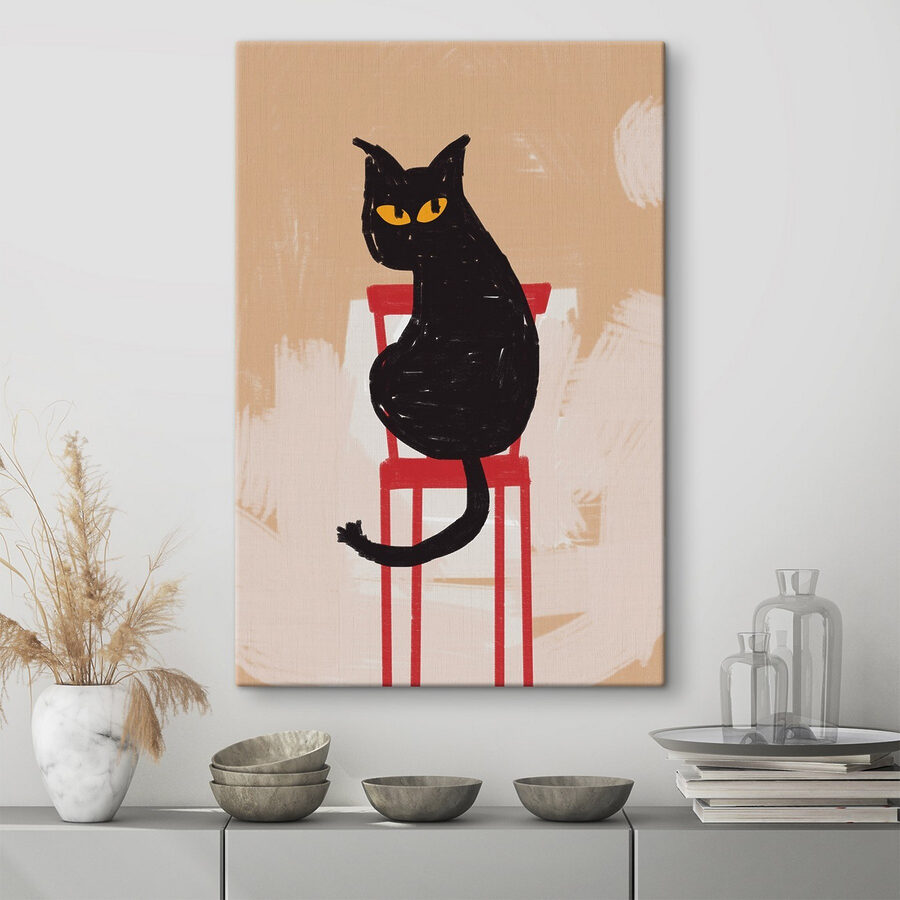 Schwarze Katze sitzt auf einem roten Stuhl