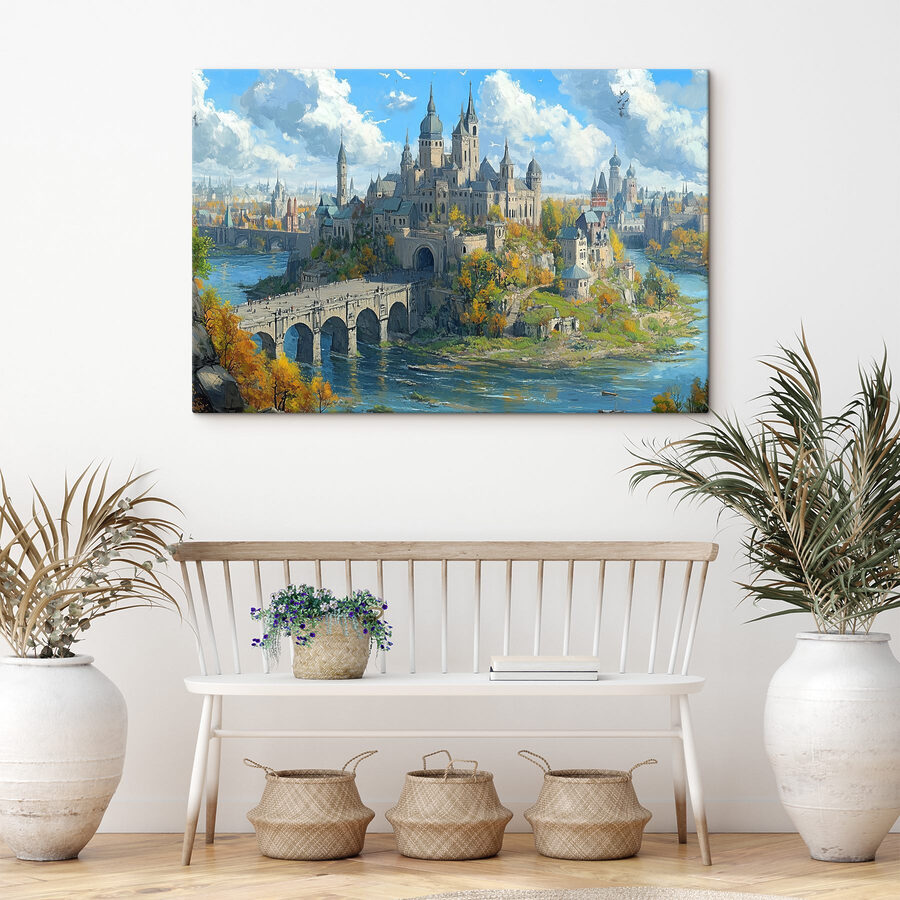 Schloss auf einem Hügel mit einer Brücke über das Wasser