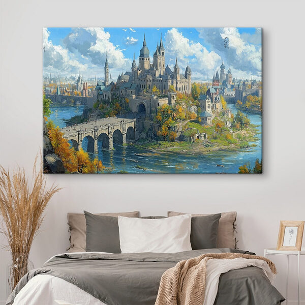 Schloss auf einem Hügel mit einer Brücke über das Wasser Schloss auf einem Hügel mit einer Brücke über das Wasser