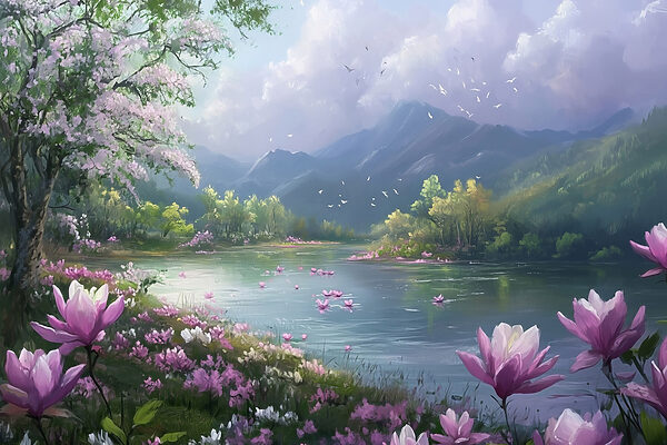 Fluss mit Blumen und Bergen im Hintergrund s41629p 600x400 - Fluss mit Blumen und Bergen im Hintergrund