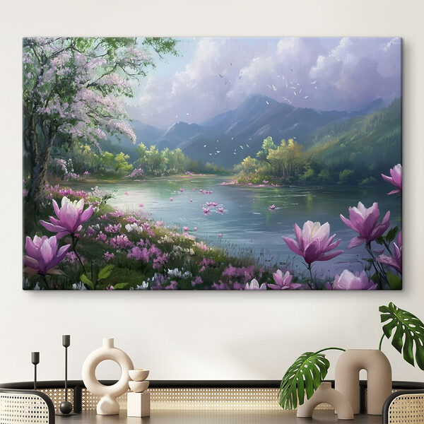 Fluss mit Blumen und Bergen im Hintergrund s41629pig115m 600x600 - Fluss mit Blumen und Bergen im Hintergrund