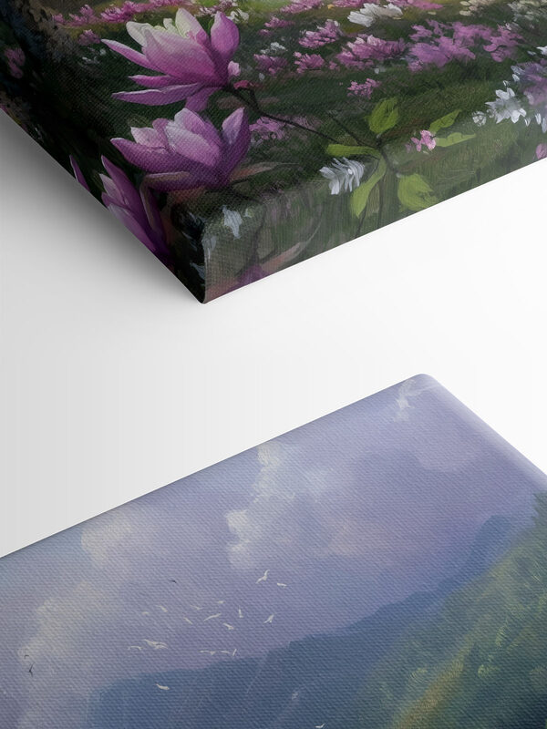 Fluss mit Blumen und Bergen im Hintergrund s41629pmlfn 600x800 - Fluss mit Blumen und Bergen im Hintergrund