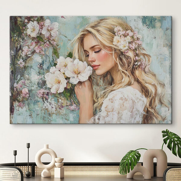 Gemälde einer Frau, die an Blumen riecht Gemälde einer Frau, die an Blumen riecht