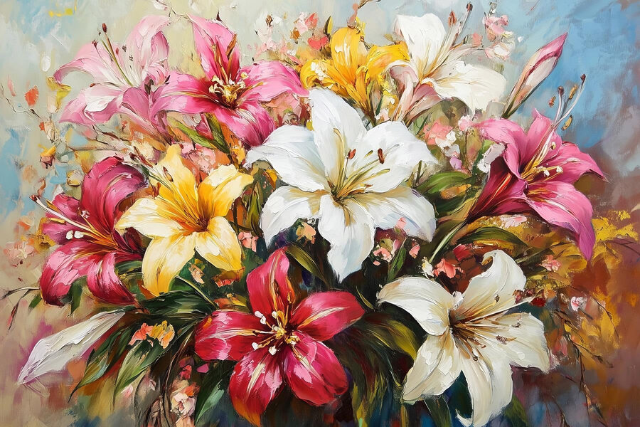 Gemälde mit Blumen auf blauem Hintergrund