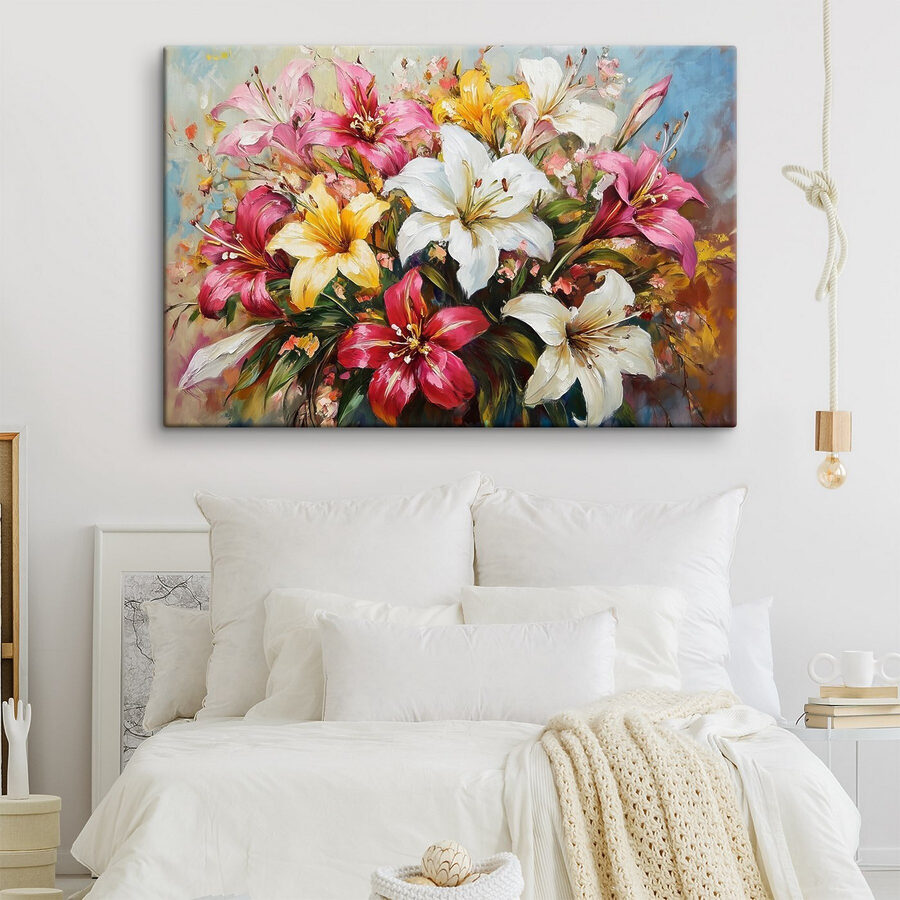 Gemälde mit Blumen auf blauem Hintergrund