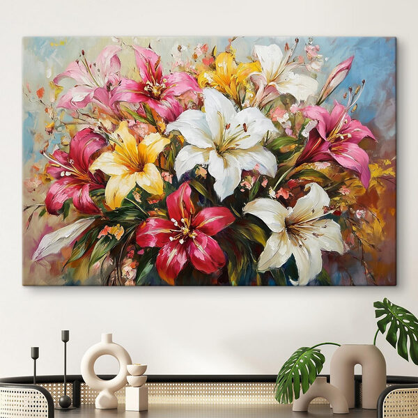 Gemälde mit Blumen auf blauem Hintergrund Gemälde mit Blumen auf blauem Hintergrund