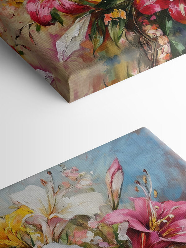 Gemälde mit Blumen auf blauem Hintergrund Gemälde mit Blumen auf blauem Hintergrund