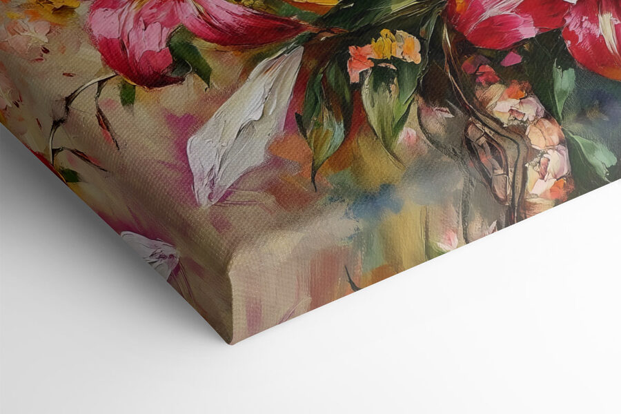 Gemälde mit Blumen auf blauem Hintergrund