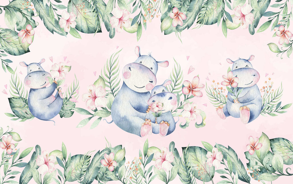 Nahtlose Muster von Aquarell Nilpferde und Blumen Nahtlose Muster von Aquarell Nilpferde und Blumen
