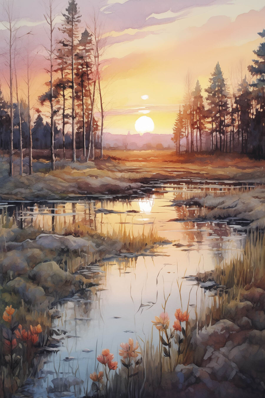 Aquarell eines Flusses mit Bäumen und einem Sonnenuntergang