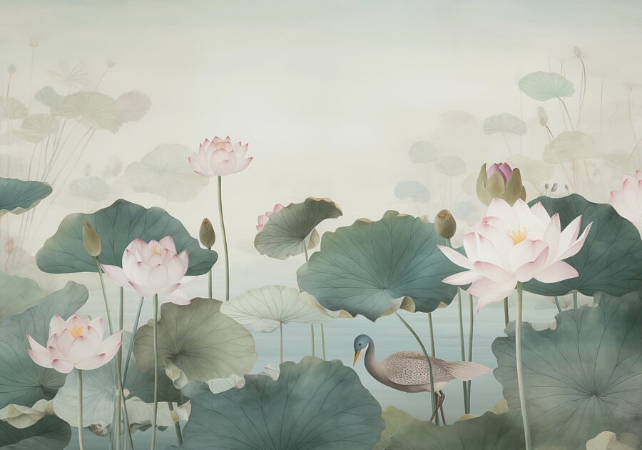 Ente in einem Teich mit Lotosblumen