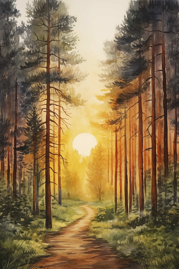 Gemälde eines Waldes mit einem Weg und Bäumen Gemälde eines Waldes mit einem Weg und Bäumen