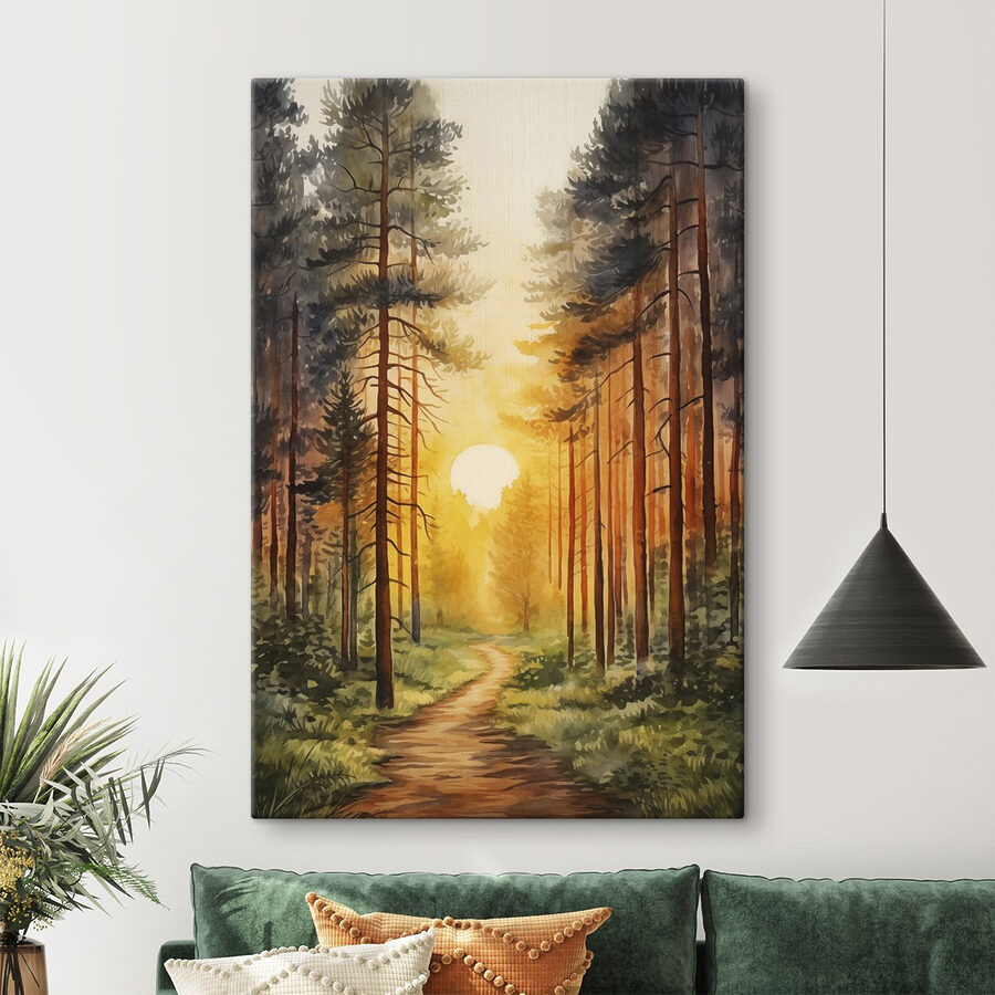 Gemälde eines Waldes mit einem Weg und Bäumen Gemälde eines Waldes mit einem Weg und Bäumen