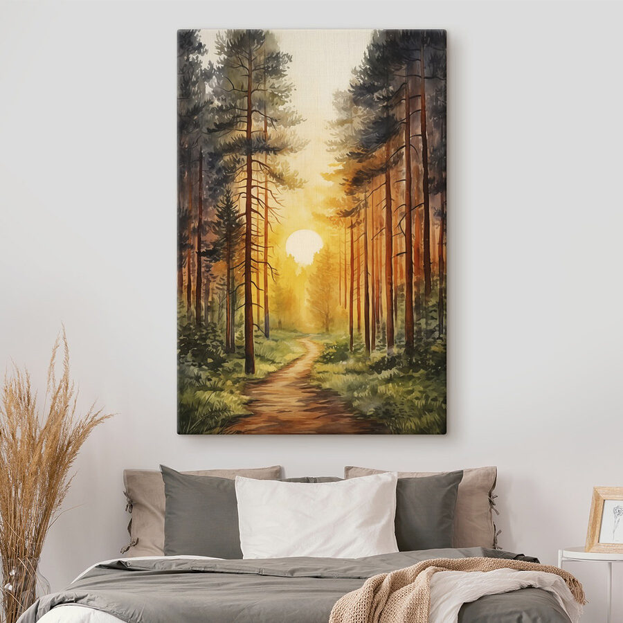 Gemälde eines Waldes mit einem Weg und Bäumen Gemälde eines Waldes mit einem Weg und Bäumen