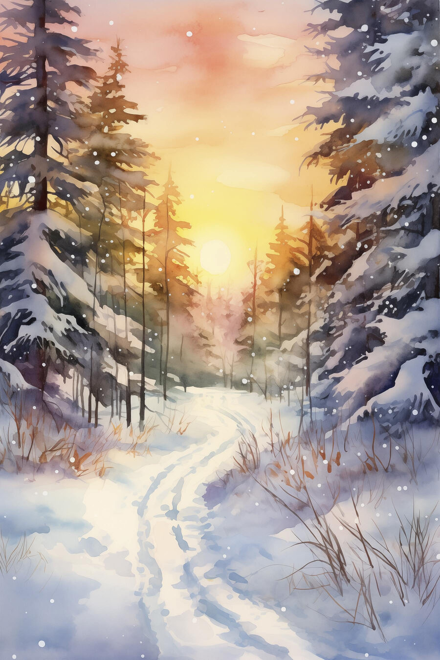 Aquarellmalerei eines verschneiten Waldes
