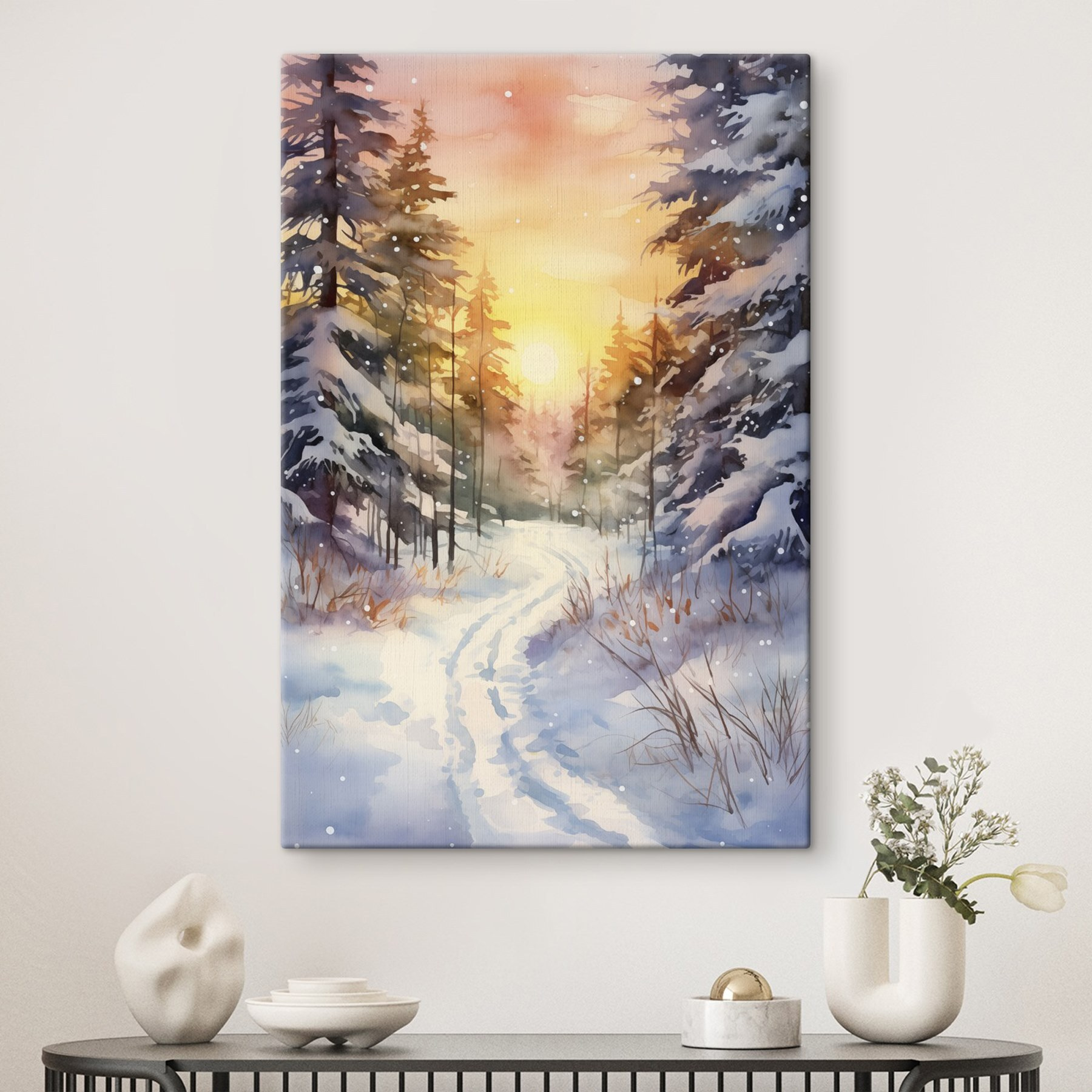 Watercolor painting of a snowy forest