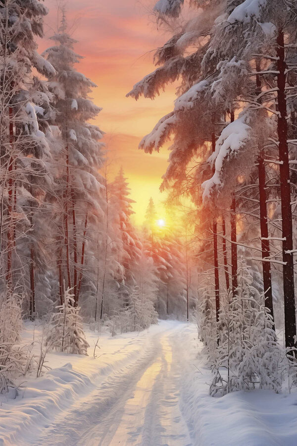 Schneebedeckte Straße in einem Wald Schneebedeckte Straße in einem Wald
