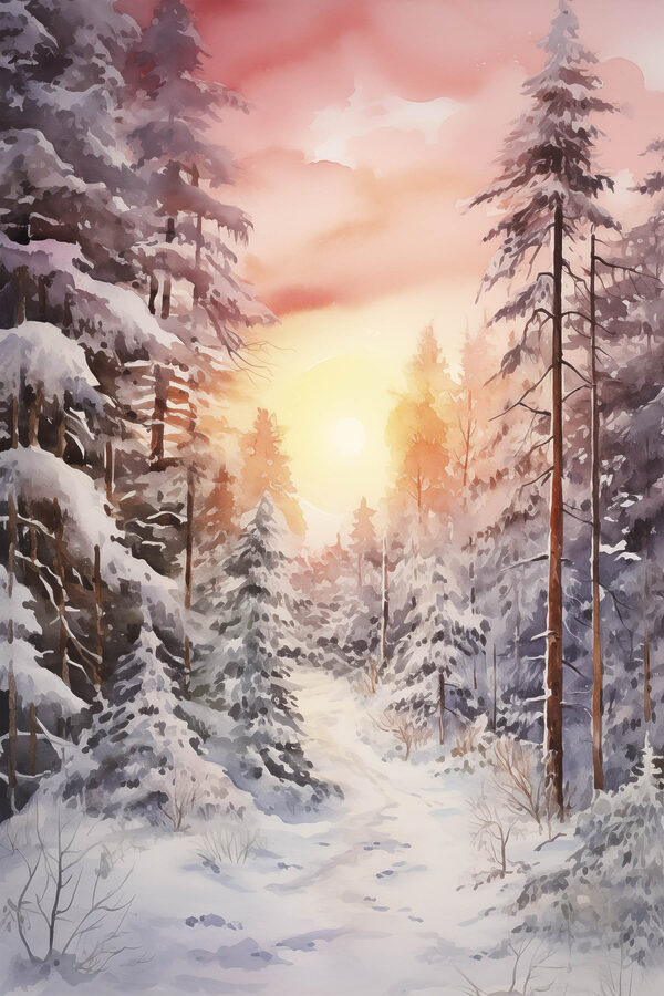 Aquarellmalerei eines verschneiten Waldes Aquarellmalerei eines verschneiten Waldes