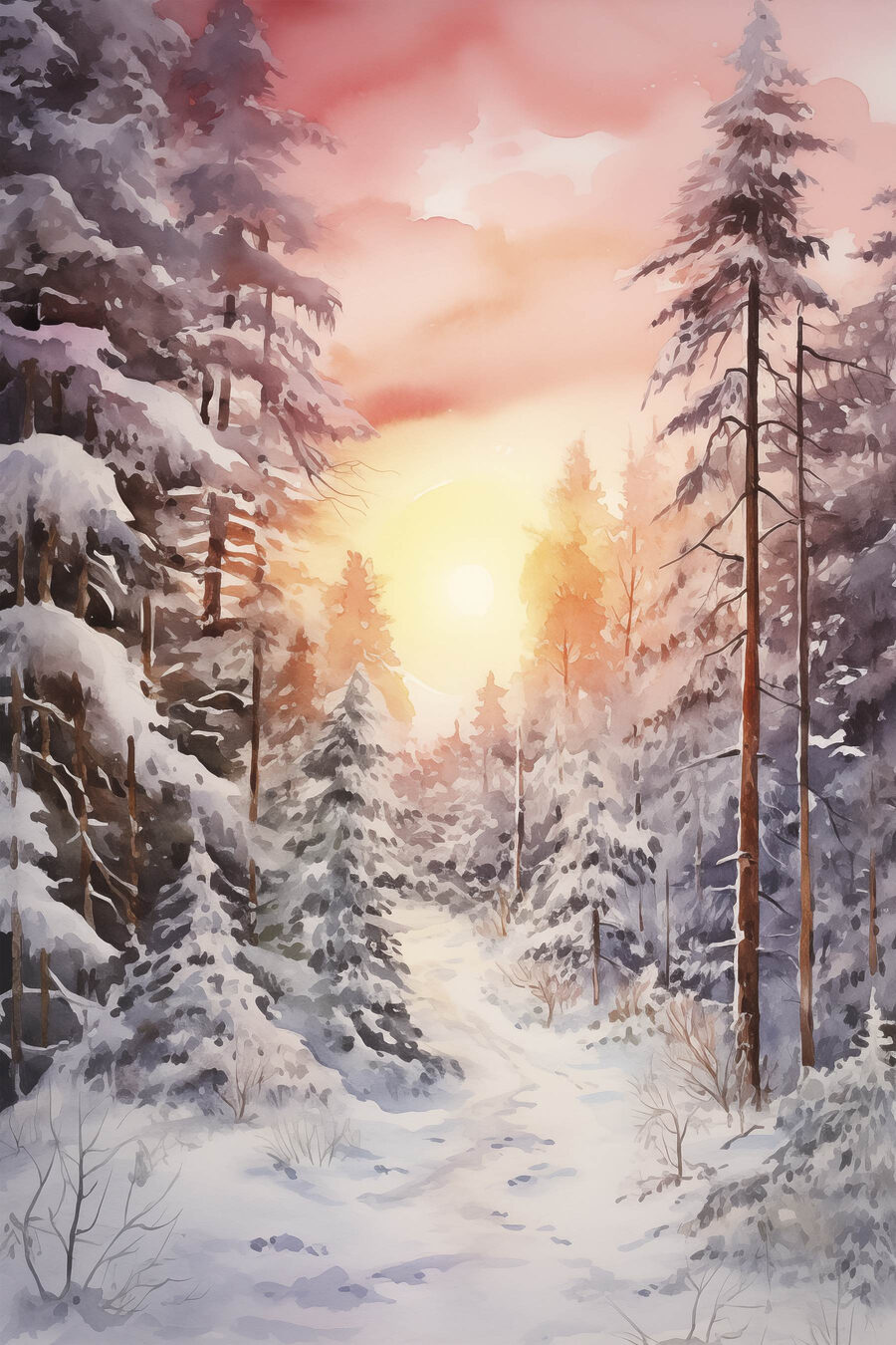 Aquarellmalerei eines verschneiten Waldes