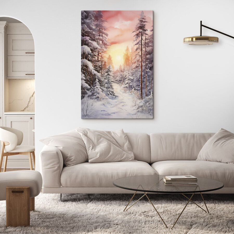 Aquarellmalerei eines verschneiten Waldes