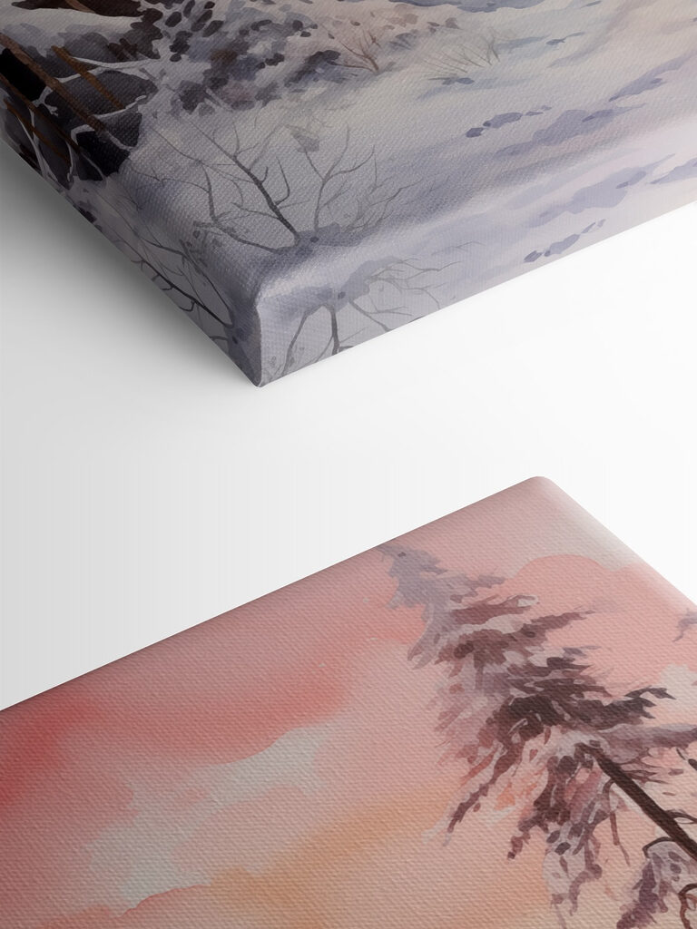 Watercolor painting of a snowy forest