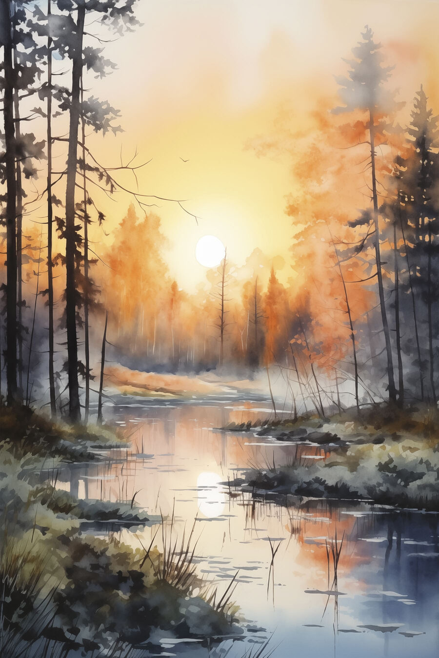 Aquarellmalerei eines Flusses mit Bäumen und Pflanzen