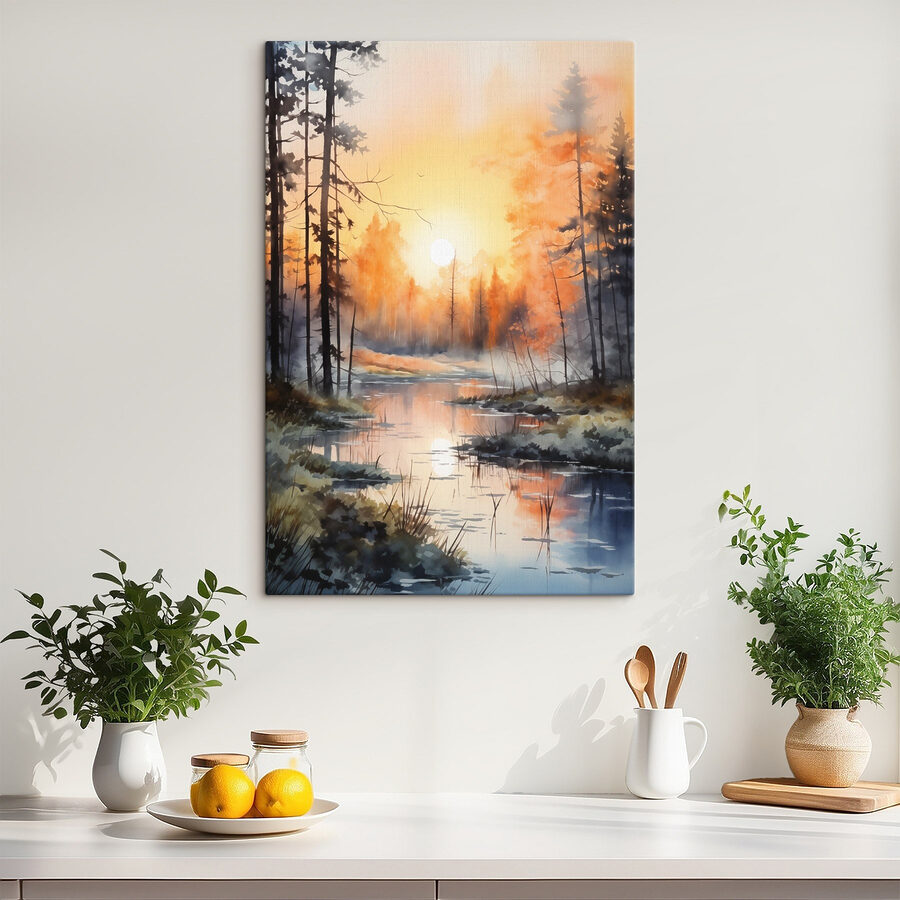 Aquarellmalerei eines Flusses mit Bäumen und Pflanzen