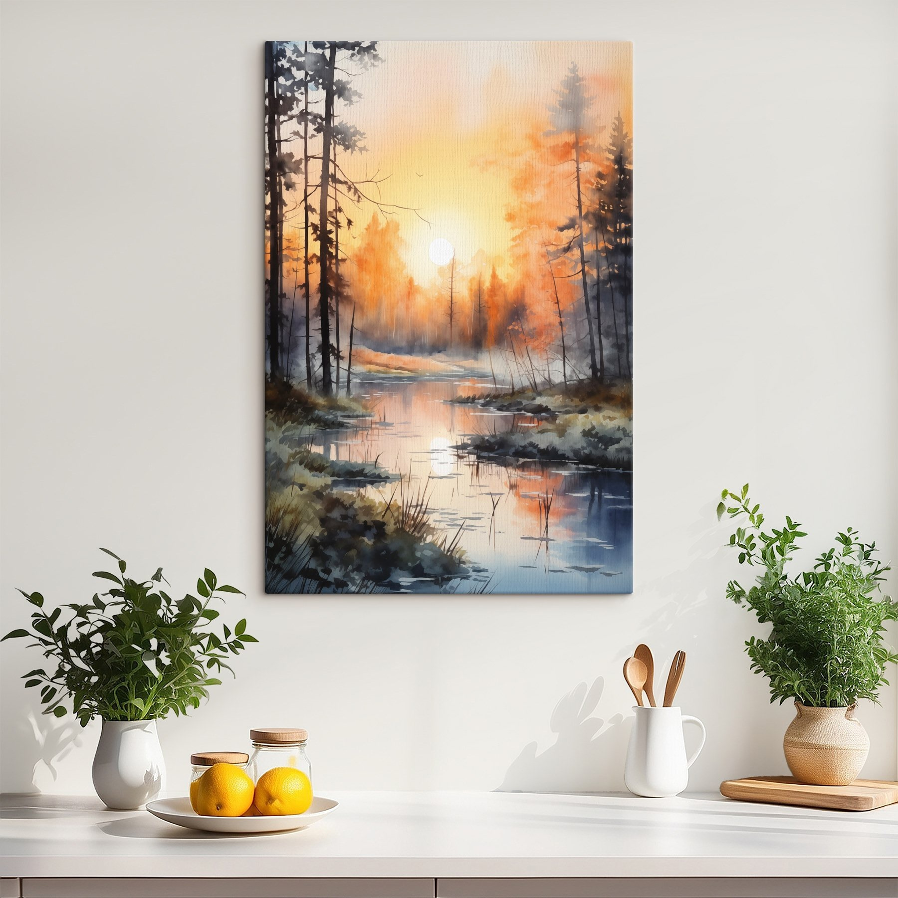 Watercolor painting of a river with trees and plants Watercolor painting of a river with trees and plants