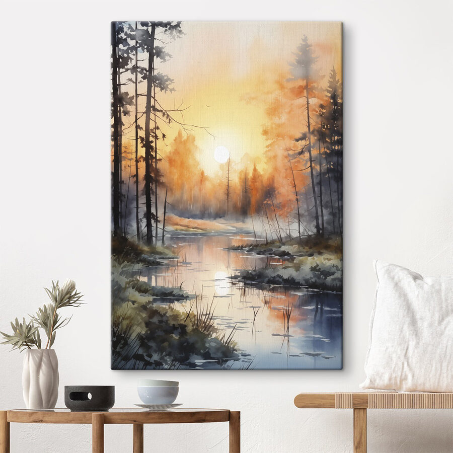 Aquarellmalerei eines Flusses mit Bäumen und Pflanzen