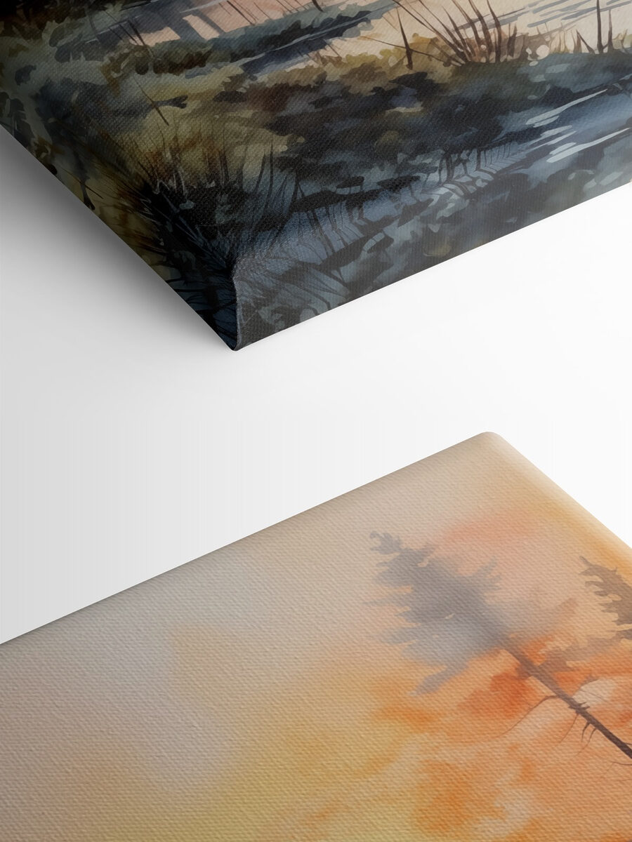 Aquarellmalerei eines Flusses mit Bäumen und Pflanzen