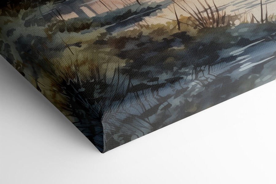 Aquarellmalerei eines Flusses mit Bäumen und Pflanzen