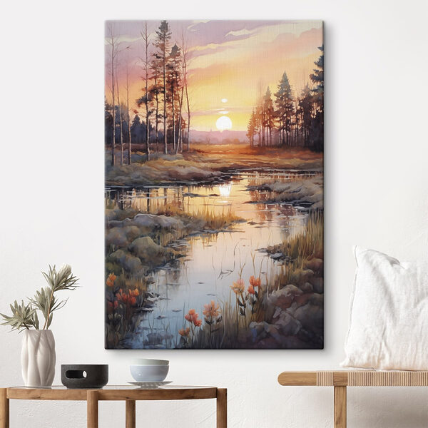 Aquarell eines Flusses mit Bäumen und einem Sonnenuntergang Aquarell eines Flusses mit Bäumen und einem Sonnenuntergang