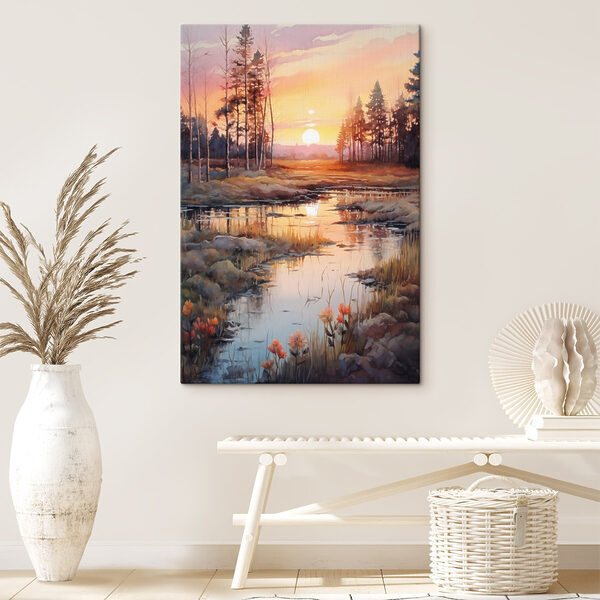 Aquarell eines Flusses mit Bäumen und einem Sonnenuntergang Aquarell eines Flusses mit Bäumen und einem Sonnenuntergang